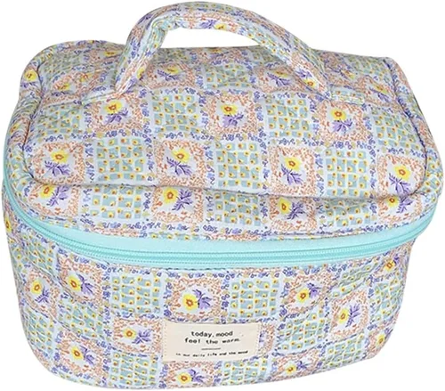 Miniatura 10 de Bolsa de cosméticos de viaje, bolsa de maquillaje de algodón, bolsa de aseo acolchada con hermoso patrón floral, bolsa de cosméticos de gran