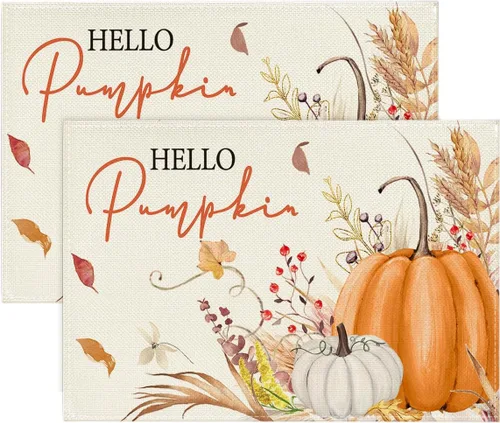 Artoid Mode Juego de 2 manteles individuales de otoño de 12 x 18 pulgadas con diseño de hojas florales de calabaza naranja y calabaza para