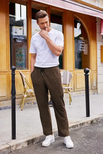 Miniatura 4 de COOFANDY Pantalones casuales de pana para hombre, pantalones elásticos con cintura elástica ajustable