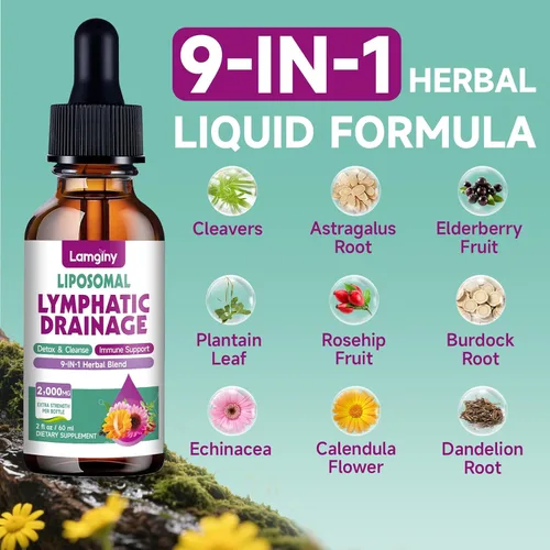 Miniatura 3 de Gotas de drenaje linfático liposomal, suplementos de drenaje linfático 9 en 1 para desintoxicación y limpieza, con equinácea, diente de león, saúco