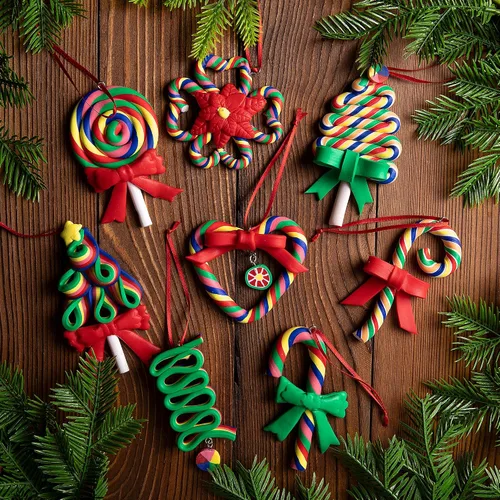 Miniatura 4 de Codree 8 piezas de adornos de piruleta de bastón de caramelo arcoíris - Adornos colgantes de arcilla polimérica para árbol de Navidad, fiesta