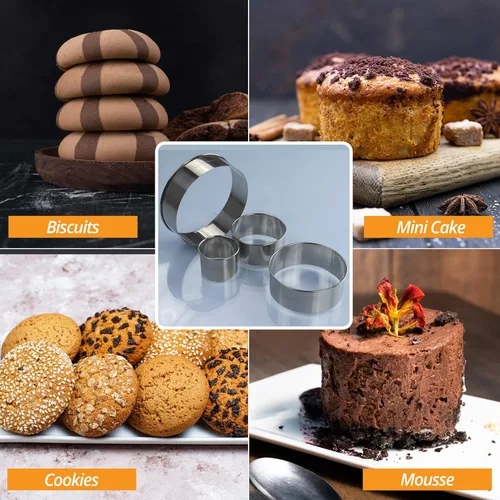 Miniatura 6 de Juego de cortadores de galletas, juego de 5 piezas, mide 1, 2, 3, 4 y 5 pulgadas, anillos redondos de metal para hornear repostería, galletas