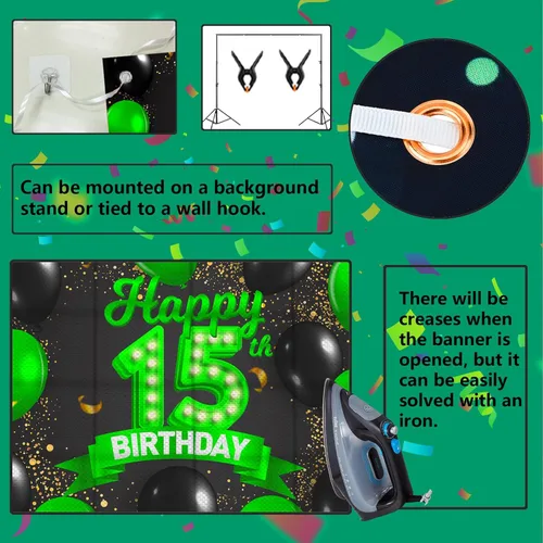 Miniatura 5 de Cartel de feliz cumpleaños 15 color verde y negro, telón de fondo con texto en inglés "Cheers to 15 years old confeti", globos de confeti