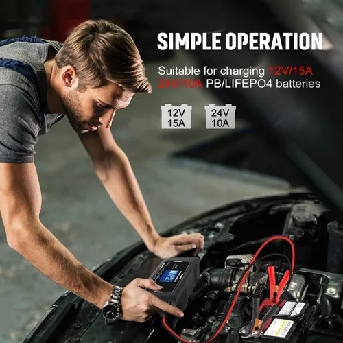 Miniatura 2 de Cargador de batería de automóvil, 12V/24V 15 Amp Cargador de batería para plomo-ácido (AGM/Gel/SLA/EFB) y LiFePO4, cargador inteligente automático
