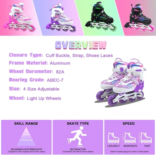 Miniatura 8 de Patines en línea para niñas y niños, patines ajustables de 4 tamaños para niños con ruedas de luz completa y jóvenes de 5 a 14 años, patines
