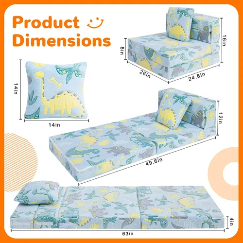 Miniatura 5 de MeMoreCool Glow Dinosaur - Sofá cama de tres pliegues para niños, colchón y silla de futón plegable, sofá convertible para sala de juegos Cielo Dino