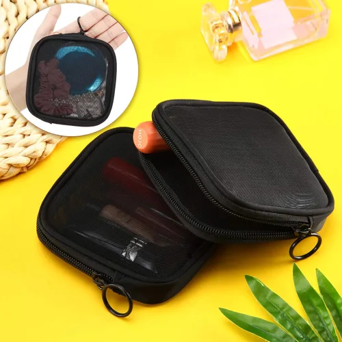 Miniatura 6 de Weewooday 4 piezas de malla para maquillaje, bolsa de cosméticos de malla, bolsa de aseo de viaje con cremallera, mini bolsa de cosméticos de Negro