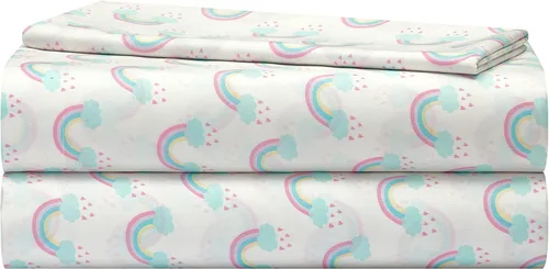 Heritage Kids Juego de sábanas de 3 piezas, estampado de arcoíris, incluye sábana encimera, sábana bajera y funda de almohada, ropa de cama de