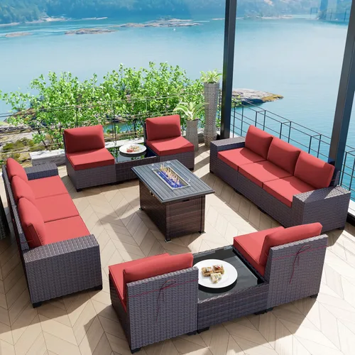 Miniatura 59 de Kullavik Juego de 13 muebles de patio al aire libre con mesa de fogata de gas propano de 43 pulgadas, 55000 BTU, mimbre de polietileno, sofá Arena