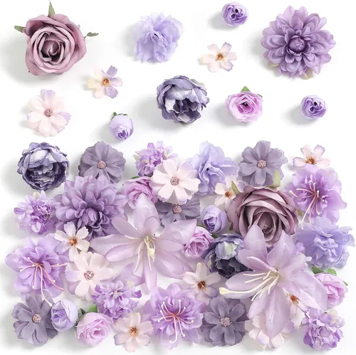 Miniatura 12 de rongflower Cabezas de flores falsas para manualidades, rosas artificiales de seda negra, peonías, margaritas y cabezas florales (paquete de 48)