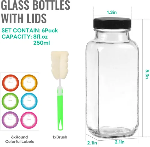 Miniatura 2 de Botellas de jugo de vidrio de 8 onzas con tapas, paquete de 6, botellas de vidrio reutilizables, tarros de agua de 8.5 fl oz para leche, jugos