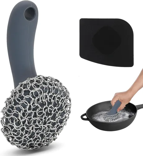 Estropajo de hierro fundido con mango largo | Estropajo de cadena de hierro fundido 316 para limpiador de sartenes - Juego de limpieza apto para Gris