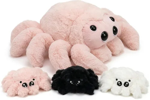 Miniatura 12 de Peluche de araña de peluche con sorpresa – Suave animal de peluche mamá araña con 3 arañas bebé en barriga con cremallera, juego para niños