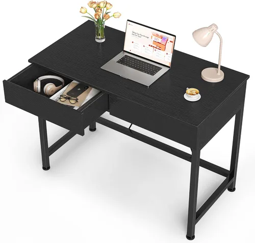 Miniatura 11 de Mexin Escritorio pequeño con 2 cajones de madera, escritorio de escritura para oficina en casa de 40 pulgadas, escritorio de tocador con Roble gris