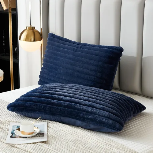 Miniatura 26 de Juego de 2 fundas de almohada para cama tamaño king, fundas de cojín rectangulares lumbares con diseño de rayas, forro de piel de conejo sintética