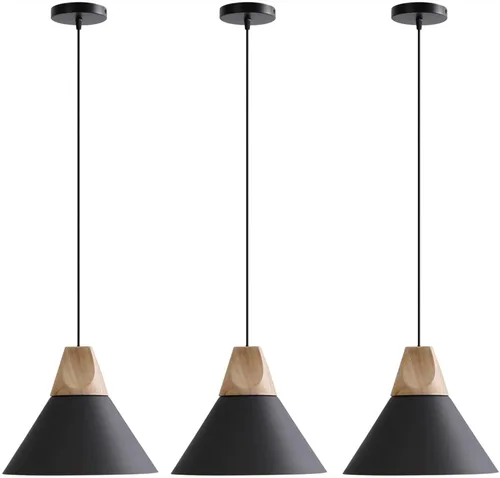 Miniatura 11 de Lámpara colgante moderna, de madera maciza, color negro mate, lámpara colgante de techo, iluminación colgante para cocina, isla, comedor, sala