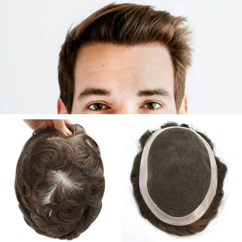 Miniatura 21 de Toupee para hombres, postizos, sistema de reemplazo de cabello de encaje francés para hombres, pieza de pelo polivinílico para hombres, sistema