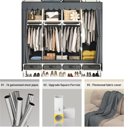 Miniatura 5 de Armario portátil con 3 cajones y 3 varillas para colgar, armario de tela para colgar ropa, funda gris, para ropa, ropa de cama, 51 pulgadas de ancho