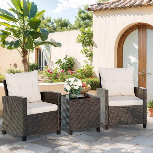Miniatura 2 de Vongrasig juego de 3 muebles de patio de mimbre para exteriores, pequeño juego de ratán para porche delantero, juego de bistró con sillas acolchadas