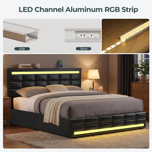 Miniatura 4 de ADORNEVE Base de cama de tamaño matrimonial con cajones de almacenamiento, cabecera con luces LED, plataforma de cuero tapizada con 2 puertos USB
