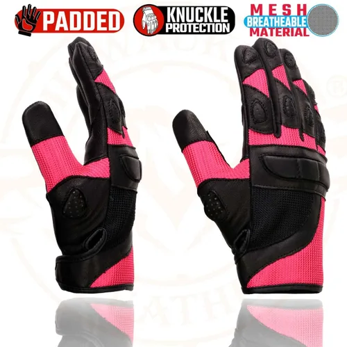 Miniatura 2 de Milwaukee Leather MG7740 - Guantes de moto de carreras de cuero negro y malla verde neón con nudillos y dedos acolchados para mujer Rosado