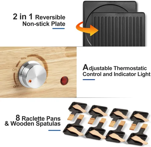 Miniatura 3 de CUSIMAX - Parrilla de mesa de raclette para interiores, parrilla eléctrica de 1500 W con placa antiadherente reversible 2 en 1/base de madera