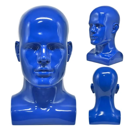 Miniatura 11 de FanLin Cabeza de maniquí masculino profesional para exhibir pelucas, sombreros, máscara de auriculares, gafas de sol, joyería y soporte de Azul