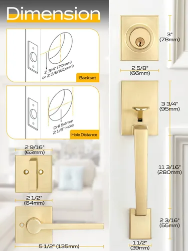 Miniatura 7 de EHOMEWARE Juego de manijas de puerta delantera doradas, palanca de puerta cuadrada resistente de latón y cerrojo de un solo cilindro reversible