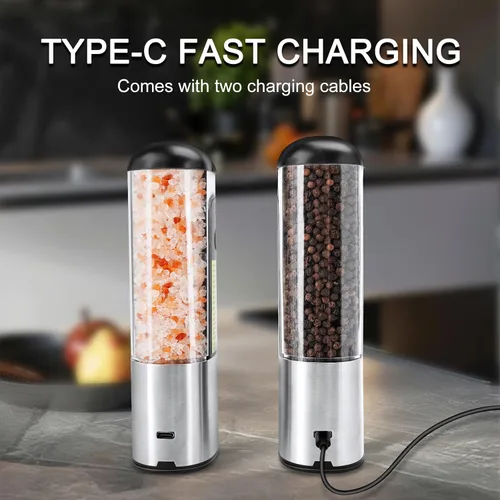 Miniatura 3 de Juego de molinillo eléctrico de sal y pimienta recargable para USB, molinillo de pimienta por gravedad ajustable automático, molinillo de especias