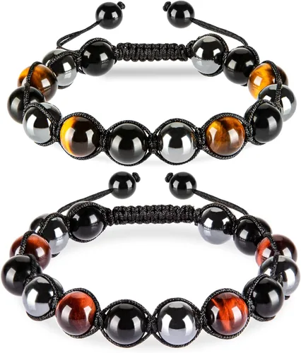 SAMXY Triple Protection Bracelet, 8mm Healing Crystal Bead Bracelet, 3pcs Blue Red Tiger's Eye Obsidian Hematite Bracelet Women Men