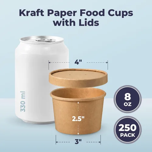 Miniatura 2 de Fit Meal Prep Paquete de 250 recipientes de sopa de papel kraft de 8 onzas con tapa ventilada, vasos de papel caliente o frío, recipiente