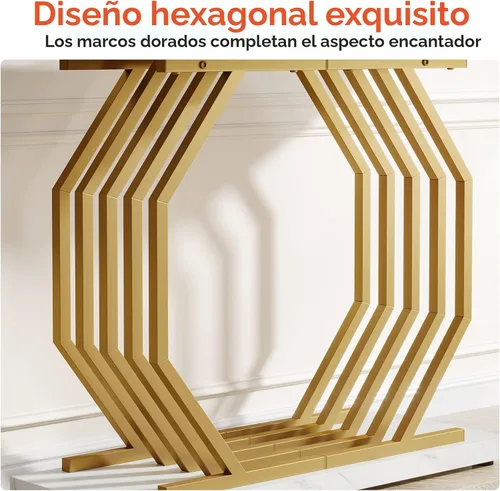 Miniatura 7 de Tribesigns Mesa Consola Dorada, Mesa de Entrada Estrecha de Mármol Sintético con Base de Metal Geométrica, Mesa de Acento Moderna de 40 Pulgadas