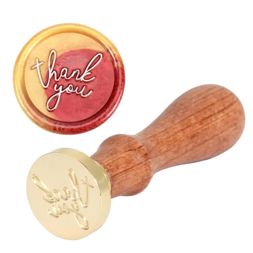 Miniatura 5 de Yoption Sello de cera con texto en inglés "Thank You", sello de cera vintage con cabeza de latón y empuñadura de madera para bodas, fiestas