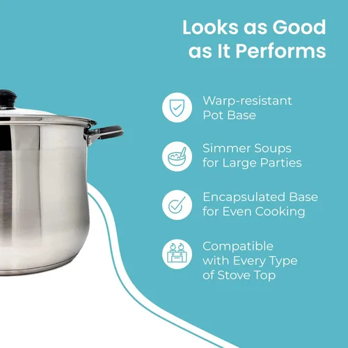 Miniatura 4 de Olla profesional de acero inoxidable para sopa, caldo y pasta con tapa de vidrio, base encapsulada, capacidad de inducción de gas, tamaño de 12