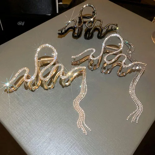 Miniatura 8 de Jumwrit Pinza para el cabello, pinza de pelo grande con diamantes de imitación, pinza de metal de sujeción fuerte con cadena larga de borlas, pinza