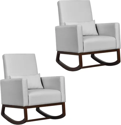 Miniatura 12 de Giantex Mecedora de tela con respaldo alto y almohada para la cintura, de madera, cónica y mecedora de dos patas, silla tapizada multifuncional