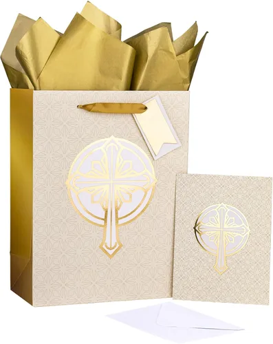 LeZakaa Bolsa de regalo de cruz de 13 pulgadas, bolsa de regalo cristiana dorada con papel de seda, etiqueta de regalo y tarjeta para bautizos, Cruz