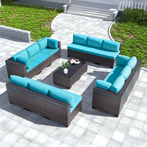 Miniatura 82 de Kullavik Juego de 13 muebles de patio al aire libre con mesa de fogata de gas propano de 43 pulgadas, 55000 BTU, mimbre de polietileno, sofá Arena