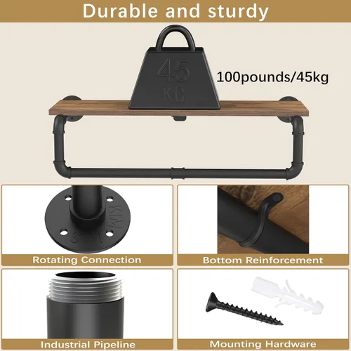 Miniatura 5 de Perchero Industrial de Tubería, Perchero de Ropa de Hierro Resistente Montado en Pared para Colgar Ropa, Estante con Barra para Colgar