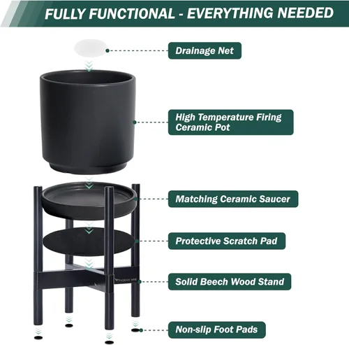 Miniatura 5 de D'vine Dev Maceta de cerámica con soporte de ébano – Maceta redonda moderna de 8 pulgadas con soporte para maceta de madera, color negro, 55-B-M-2