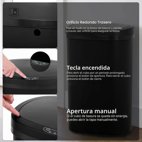 Miniatura 4 de Bote de basura de cocina de 13 galones/50 L con tapa, bote de basura con tapa sin contacto, bonito bote de basura automático para baño, cubo de Negro