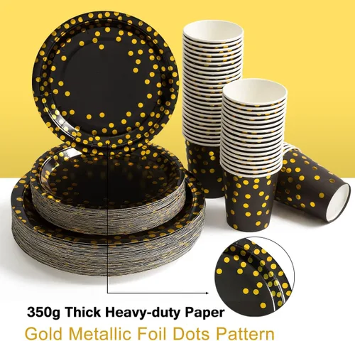 Miniatura 4 de HOMIX 350 piezas de platos y servilletas negros y dorados, sirve 50 platos de papel desechables, servilletas, vasos, cubiertos para decoraciones