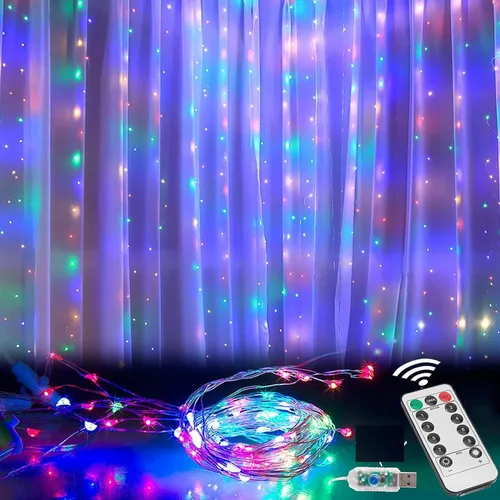 Miniatura 11 de Honche - Tira de luces LED de 300 luces en forma de hadas para cortina, 10 x 10 pies, con control remoto, luces de ventana para dormitorio, boda