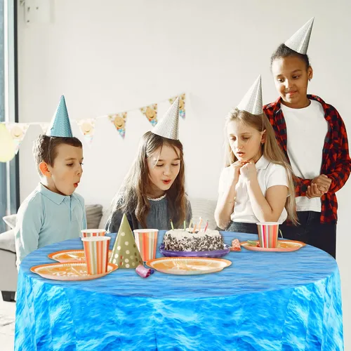 Miniatura 4 de Oudain Mantel redondo de plástico de 84 pulgadas con diseño de olas oceánicas, cubierta redonda para mesa de picnic con temática de océano azul