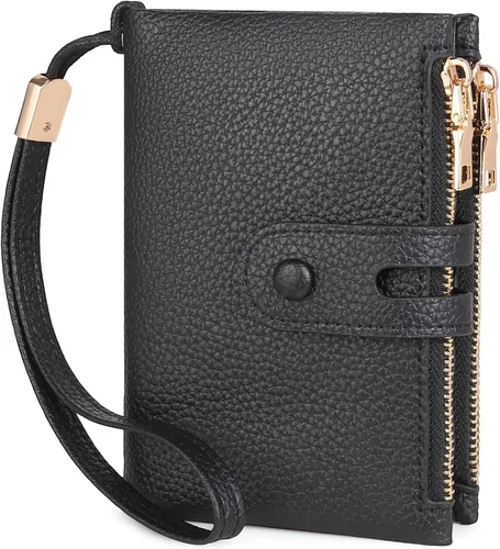 Miniatura 8 de FALAN MULE Cartera pequeña de cuero para mujer, con bloqueo RFID, tarjetero plegable con bolsillos dobles con cremallera, Marrón claro