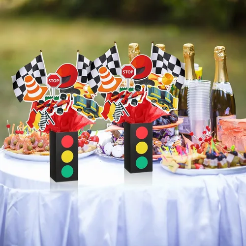 Miniatura 7 de 12 juegos de decoración de fiesta de cumpleaños de autos de carreras, centros de mesa para mesas con cajas de tráfico, decoración temática de baby