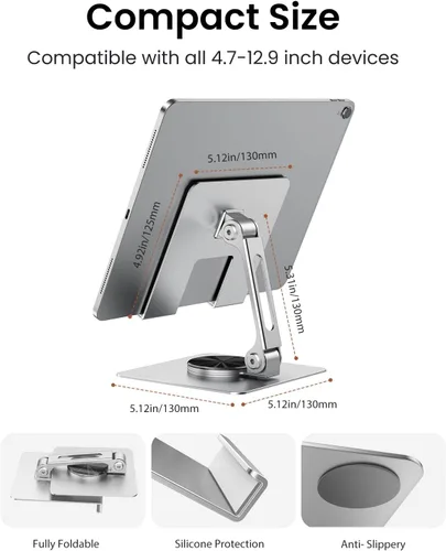 Miniatura 6 de TIGRIS - Soporte para tableta giratorio de 360°, ajustable y plegable, soporte para tableta súper resistente, súper estable y portátil para oficina