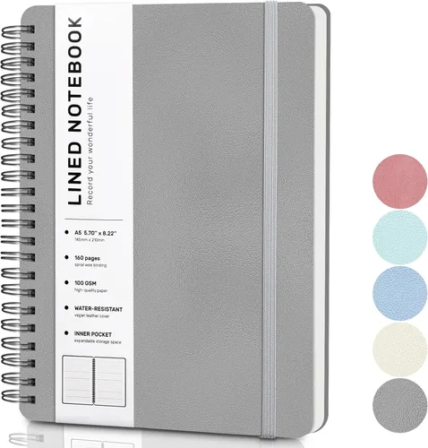 Miniatura 16 de Cuaderno de diario con líneas en espiral, cuaderno A5 de cuero de tapa dura para el trabajo, 5.7''×8.2'', papel grueso de 100GSM encuadernado