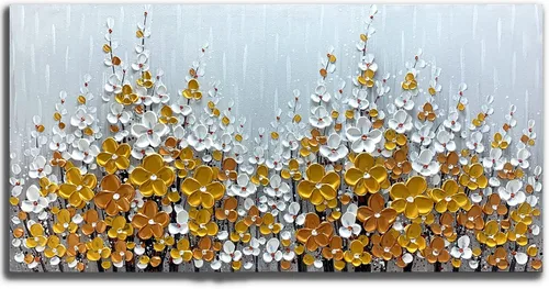 Yika Art Pinturas – Arte de pared de árbol de flores de plata dorada 3D de 24 x 48 pulgadas, cuchillo texturizado abstracto, pintura acrílica sobre
