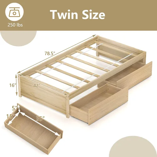 Miniatura 2 de Giantex Base de cama de plataforma de tamaño individual con 2 cajones de almacenamiento, marco de cama de madera maciza, base de colchón de soporte